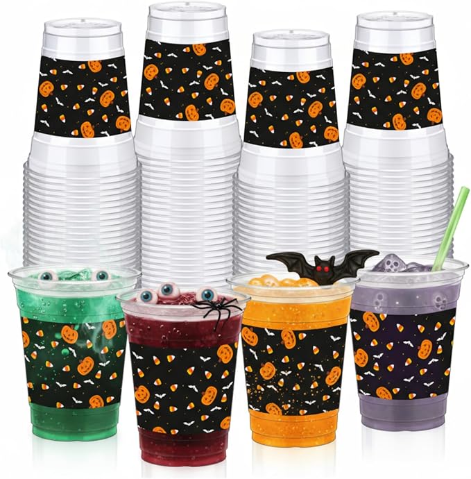 Bokon 100 Pcs Candy Corn Halloween 12 oz Plastic Cups Disposable Cocktail Glasses Happy Halloween Cute Disposable Cups for Coffee Juice Hot Cold Drinks Party Supplies(Black, Candy Corn)