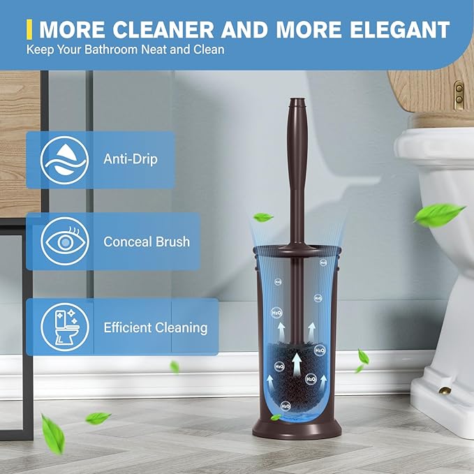 Toilet Brush, Aluminum Alloy Toilet Brush and Holder Set with Long Handle Durable Bristles Toilet Bowl Brush and Covered Holder for Toilet Scrubber for Bathroom Cleaning (2Pcs Dark Brown)