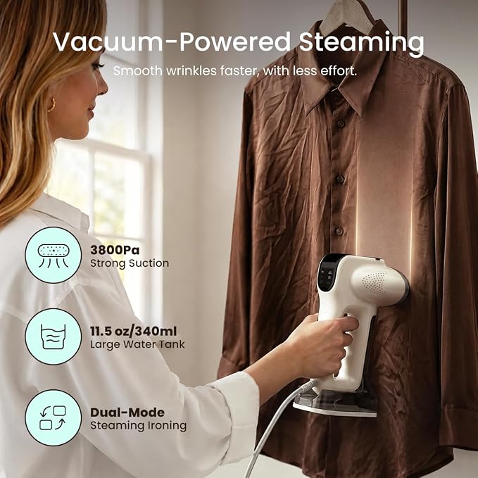 86lux Vacuum Steamer for Clothes, 3800Pa Portable Handheld Garment Steamer with 340ml Large Water Tank, Fast Heat-Up 2-in-1 Steam Iron Wrinkle Remover for Travel, Shirts & Delicates,Beige