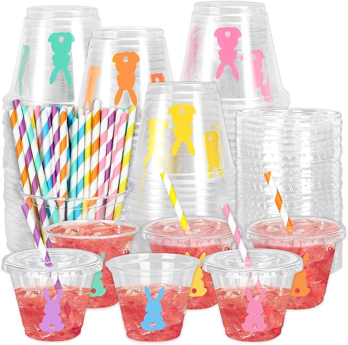 Whaline 60Pcs 9Oz Easter Disposable Plastic Cups with Lids and Straws Candy Color Bunny Rabbit Cold Beverage Drinking Cups for Iced Coffee Smooth Juice Tea Milkshake
