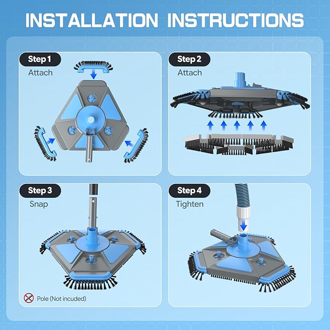UIRWAY 4-in-1 Deluxe Swimming Pool Cleaning Kit - Includes Upgrade Triangular Pool Vacuum Head, Detachable Brush, Deep Leaf Skimmer Net, Adjustable Aluminum Pole Inground & Above Ground Pools