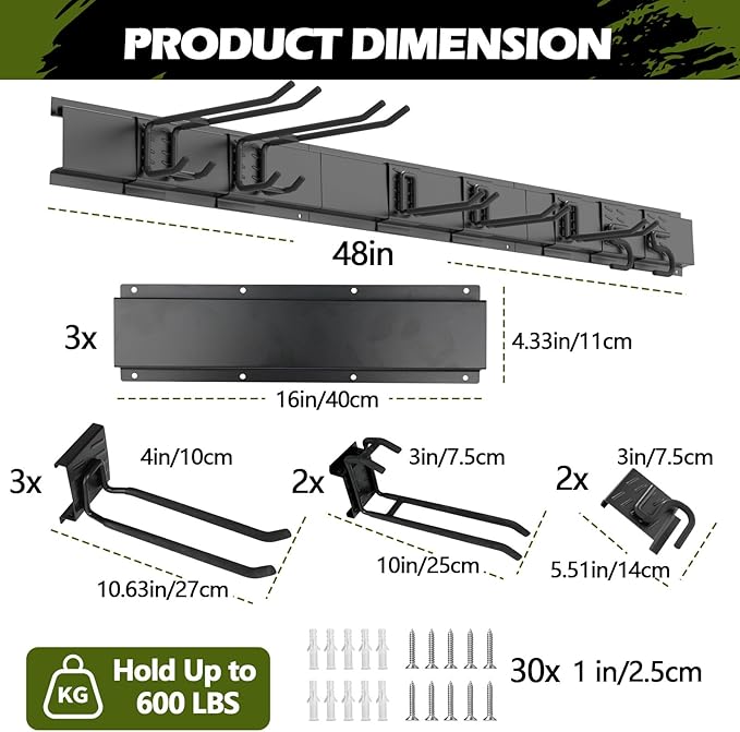 Garage Tools Storage Organizer Garden Wall Mount,48 Inches Hooks Tools Adjustable Metal Hooks,Yard Storage Rack-600lbs Capacity for Hanging Garage Tool Garden Snowboard Mop Organization