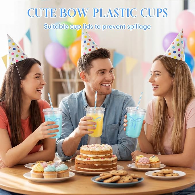 LemonRoad 50sets 16oz Blue Bow Cups Blue Birthday Party Decorations Supplies Cute Plastic Cups Disposable with Lids and Straws, for Valentines Galentines Day Christmas Wedding Baby Shower Decorations