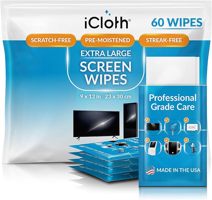 iCloth XL Screen Cleaning Wipes, Lint-Free and Streak-Free, Fast-Drying, Removes Dust, Fingerprints, and Smudges (60 XL Wipes)