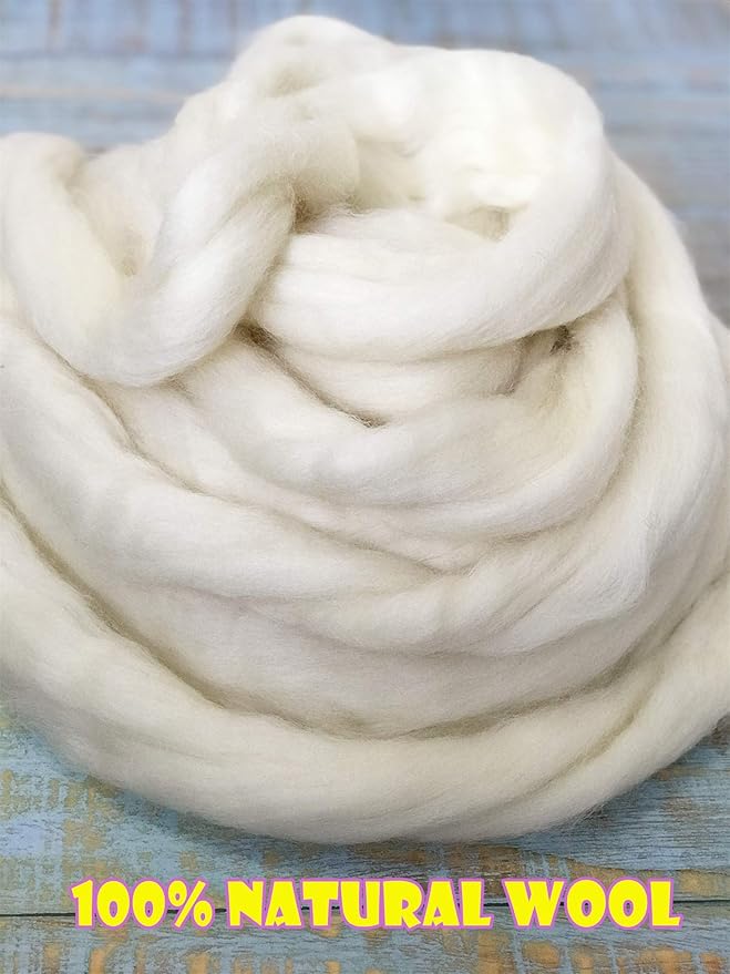 T.F GHG 1LB 100% Natural Wool Roving, Super Clean Wool Filler for Stuffing, Needle Felting, Blending, Batting, Hand Spinning DIY Project, Pillow and Dryer Balls, Natural White, Un-Dyed, Ecru,58S Wool