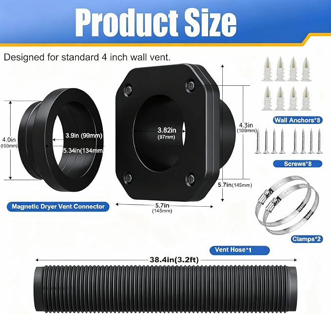 DVC-180 Magnetic Dryer Vent Connector Kit Coupling Easy to Clean, Including a 3.2ft 4" Heavy-Duty Four-Layer dryer vent hose & 2 Clamps