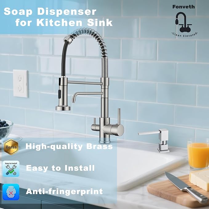 Dish Soap Dispenser Built in Sink Square Pump with 47'' Long Tube, Chrome Brass Pump Head for Kitchen Sink with 17 oz Bottle