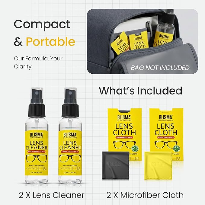 Lens Cleaner Spray & Microfiber Cloth Kit – 2 × 60 ml Lens Cleaner + 2 × 150×180 mm Ultra-Soft Microfiber Cloths (Yellow, Black) for Eyeglasses, Screens & Cameras – Pack of 4