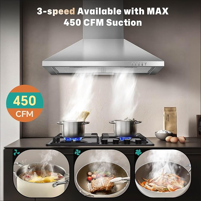 SNDOAS 24 inch Range Hood,Stainless Steel Oven Vent Hood,Wall Mount Kitchen Hood,Ducted/Ductless Chimney-Style Kitchen Exhaust Hood with Push Button Control,Stove Vent Hood with 3-speed Fan