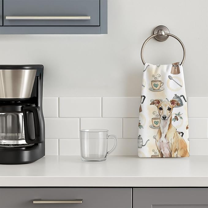 Caroline's Treasures Fawn Italian Greyhound Coffee Bar Kitchen Towel Velour Plush Front and Cotton Loop Back Machine Washable