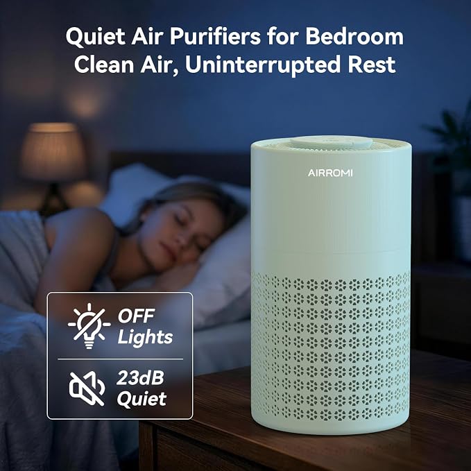 AIRROMI Air Purifier for Bedroom with HEPA 3-in-1 Filter, Pet Air Purifier for Home Cat Pee Smell, Covers Upto 990 Ft², Quiet 360°intake Air Cleaner for pet hair,allergies,Dust,Smoke A2001 Green