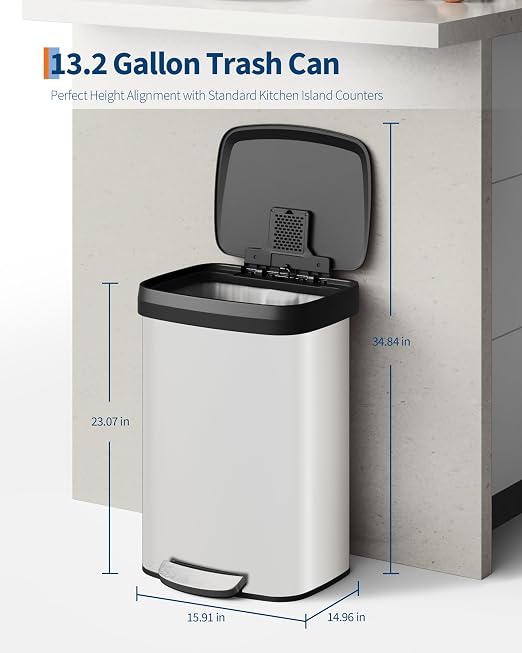 Garvee 13 gal / 50 L Metal Trash Can with Lid, Large Garbage Can for Kitchen, Rustproof Step-on Kitchen Metal Trash Bin with Liner Rim, Rear Handle, Soft Close Plastic Lid, White