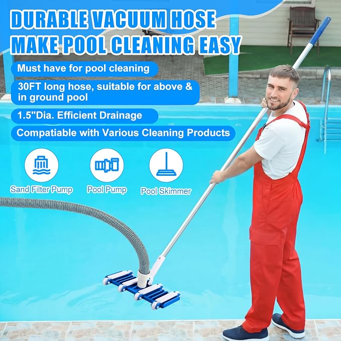 4 Pcs Swimming Pool Vacuum Kits 13" Vacuum Head with 1-1/2" x 29.5 ft Hoses, 13.7ft Pole and 17" Skimmer Net Flexible Head with Wheels for Above Ground Inground Hot Tub Cleaning Tool
