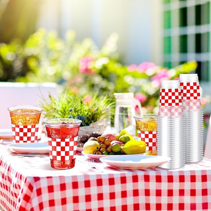SiliFine 50 Pcs 12 oz Red Checkered Plastic Cups Clear Disposable Gingham Plaid Party Cups for She's Ready to Pop Baby Shower Decorations Birthday Barbecue Party Supply