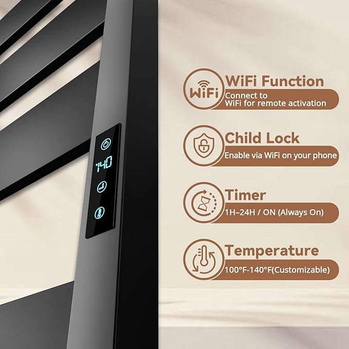 Towel Warmers for Bathroom, WiFi Freestanding & Wall Mounted Electric Heated Towel Rack, 6 Flat Bars, Aluminum, Timer & Temperature Control, Large Heating Surface, Black