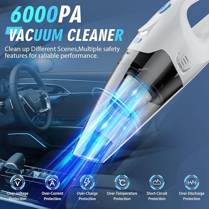 FUOAYOC Handheld Vacuum Cordless for Home/Car/Office, 6KPA Powerful Suction & 1.6lbs Lightweight, Mini Portable Hand Held Vacuum Cleaner with LED Light & Multi Accessories, Car Cordless Rechargeable