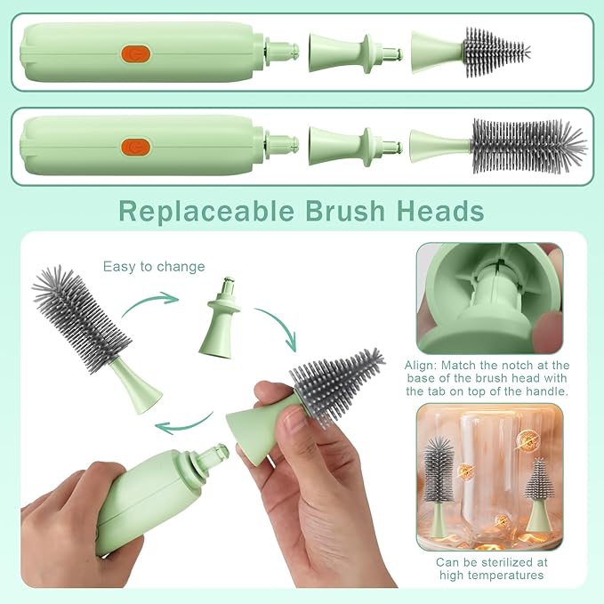 Electric Bottle Brush Cleaner Set, USB Rechargeable 360° Spin Baby Bottle Cleaner with 2 Brush Heads & Straw Brush, Waterproof, High/Low Speed, Portable Travel Cleaning Kit, Green