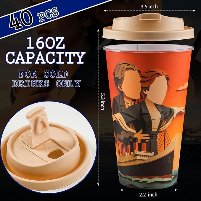 20 Sets Nautical Party Love Theme Disposable Plastic Cups 16 Oz Drinking Cup with Lid, Cruise Ship Classic Movie Birthday Party Anniversary(love)