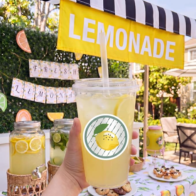 Yungyan 25 Sets Lemonade Cups with Lids Straws 32 oz Clear Plastic Cups Include Lemon Slicer, Muddler, Straw Puncher, Stickers and Straw Brush Summer Lemonade Stand Supplies Kits for Lemon Bar