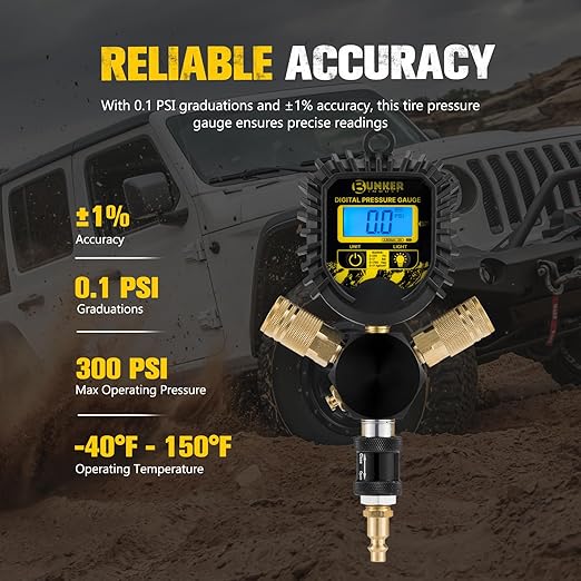 BUNKER INDUST 2 Tire Inflation Deflation System, Rapid High-Flow Air Up Down Kit with Digital Tire Pressure Gauge, 2 Wheels Off Road Tire Deflator Inflate-Up to 200" Wheelbase