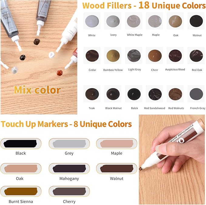 Wood Floor Scratch Repair Kit - 40 Sets - Furniture Repair Kit Wood Markers, Hardwood Repair Kit Wood Filler for Scratches Stains Holes - Touch Up Any Wood, Laminate, Cabinet, Door, Table