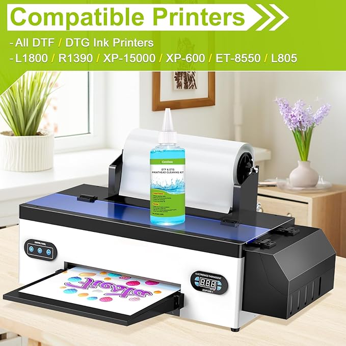 CenDale Premium DTF Printhead Cleaning Solution - Universal Printhead Cleaner Kit for Any DTF & DTG Printers, Print Head Cleaning Kit for Epson ET8550 L1800 XP15000 R1390 XP600 Ink Printer (100ML)
