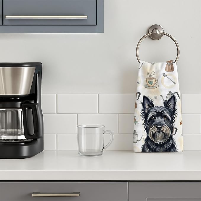 Caroline's Treasures Black Skye Terrier Coffee Bar Kitchen Towel Velour Plush Front and Cotton Loop Back Machine Washable