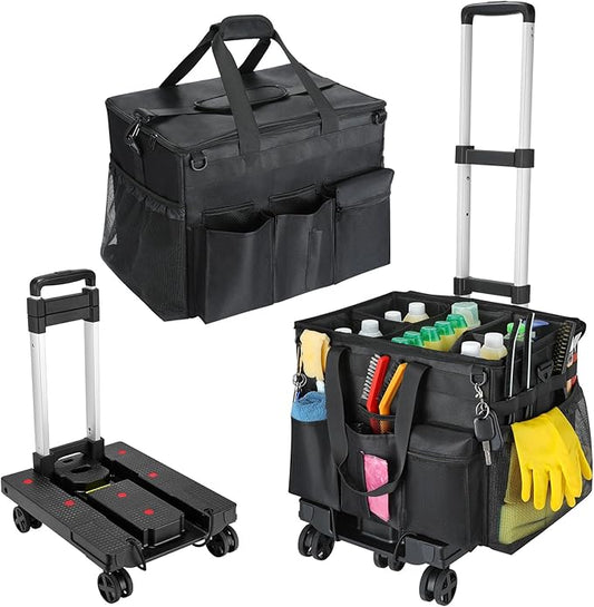 Housolution Extra Large Rolling Cleaning Caddy Bag with Detachable Trolley, Upgraded 360° Free Rotating with 5 Wheels and Dust-Proof Lid, Professional Cleaning Supplies Bag for Housekeepers, Black