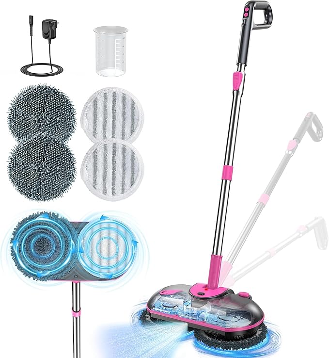 ScrubWiz Cordless Electric Mop, Electric Spin Mop with Water Spray, Powerful Floor Cleaner, Super Quiet Cleaning & Waxing, White and Black