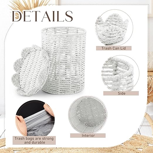 Ctosree 1.3 Gallons Small Wicker Trash Can with Lid Handle Woven Wicker Rattan Bathroom Waste Basket Boho Trash Basket with 100 Plastic Garbage Bags for Bedroom Office Laundry (Scalloped Style, White)