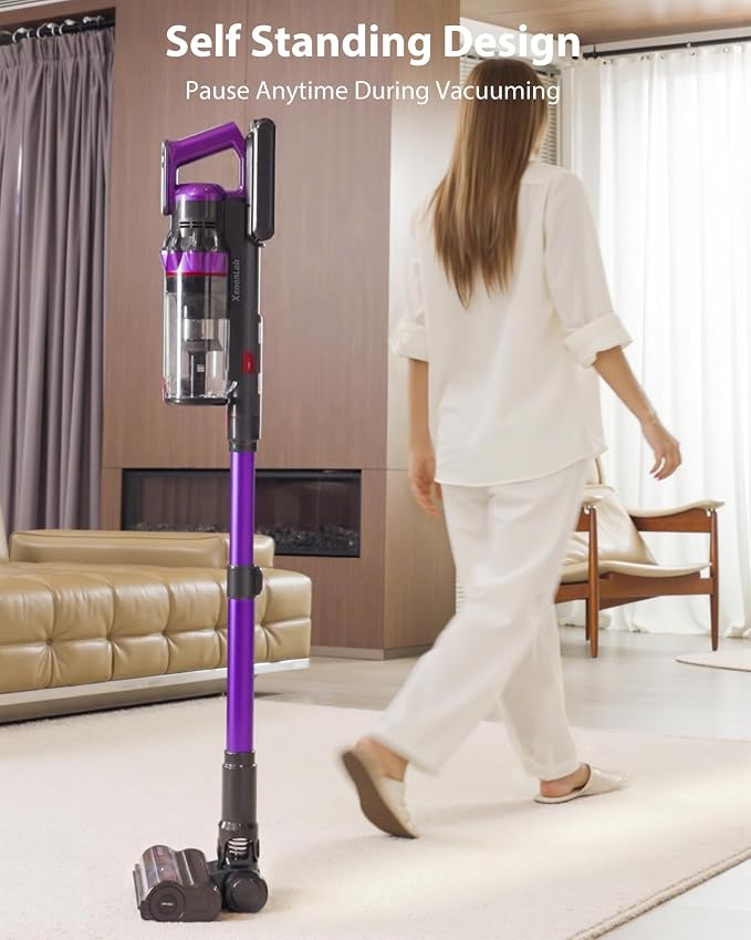 Cordless Vacuum Cleaner, 75Mins/55KPa/650W Freestanding Stick Vacuum Cleaners for Home, Rechargeable, Lightweight, Cone Filtration&Anti-Tangle,Hardwoods, Pet Hair