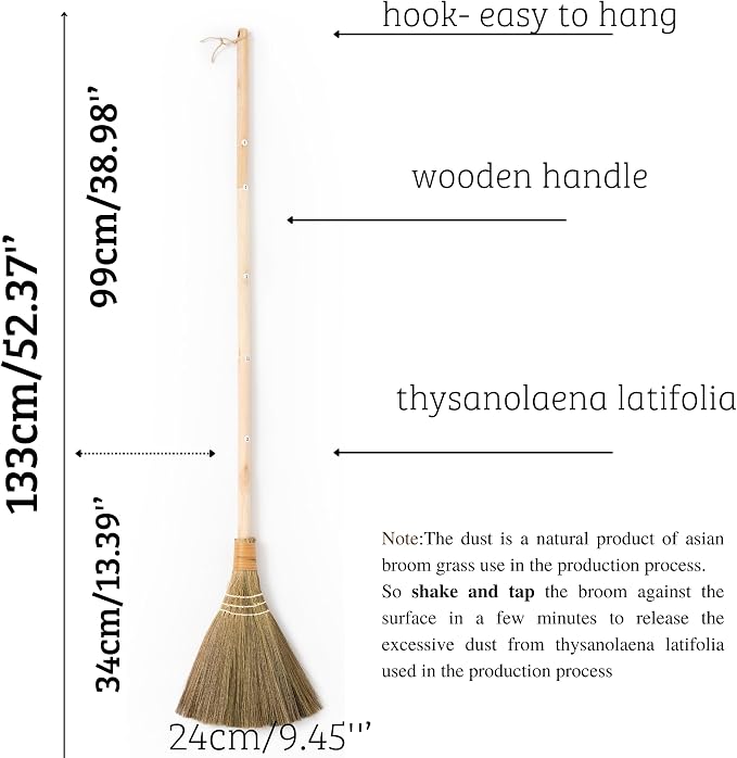 Handmade Whisk Sweeping Broom - Vietnamese Soft Straw Broom for Cleaning - Decorative 9.45" Width, 52.37" Length