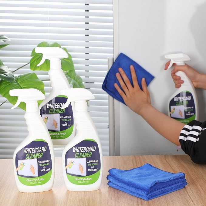 Fuyoooo 8 Pcs Whiteboard Cleaner Set 4 17 fl oz Dry Erase Board Liquid Cleaner with 4 Cloths White Board Cleaning Spray for Classroom Chalkboard Home Office