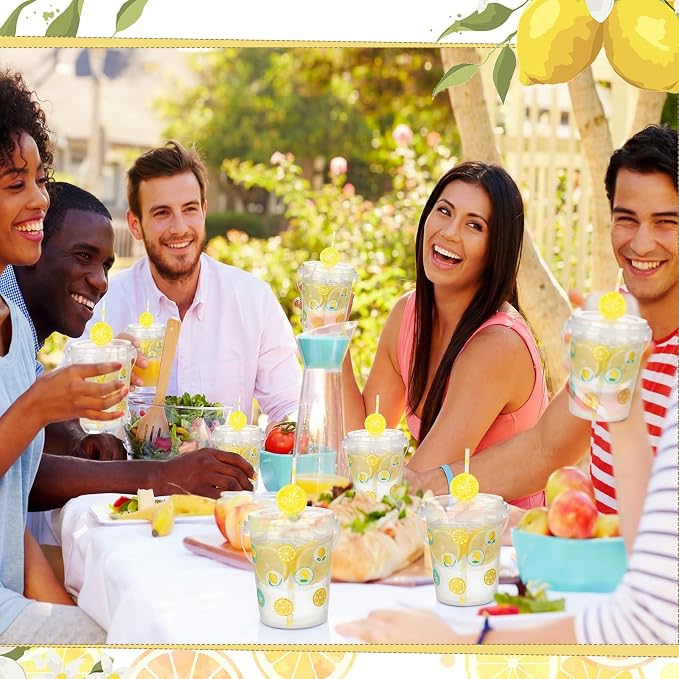 30 Sets 34 oz Large Lemon Plastic Cups with Lids Straws Stickers Lemonade Cups Yellow Cold Beverage Drinking Containers for Lemonade Bar Supplies Stand Supplies Birthday Party Decoration