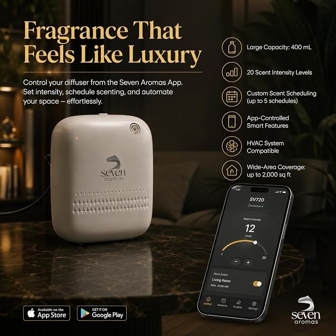 SEVENAROMAS Scent Diffuser SV720 - Bluetooth app, Air Machine for Home & Commercial Use, Covers 2000 sq. ft., Portable Large Room Waterless Diffusers (White)