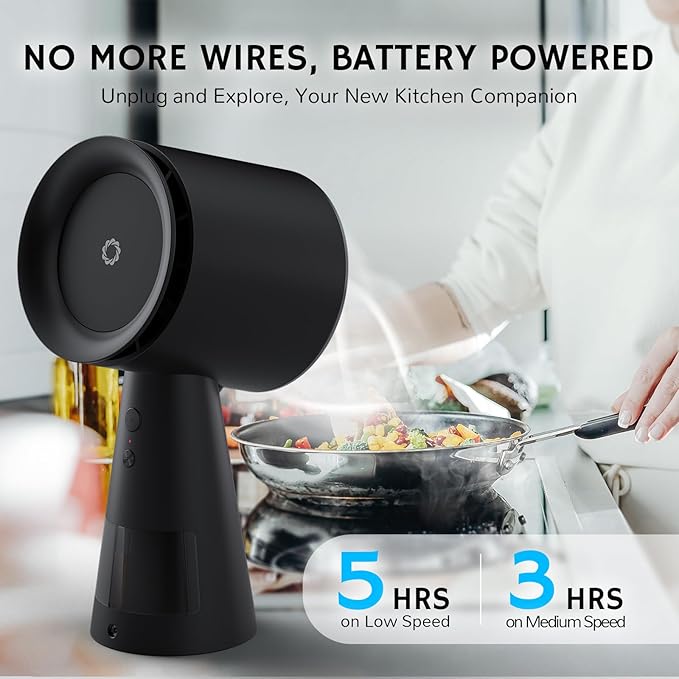 AIRTHEREAL Battery Operated Desktop Range Hood, Rechargable Portable Range Hood with 3-Fan Speeds and Large Oil Collection Cup, Upgraded Portable Kitchen Exhaust Fan for RV Cooking
