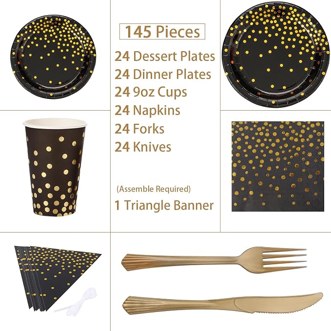 Black and Gold Party Supplies 145PCS Party Dinnerware Decoration Paper Plates, Napkins, Knives, Forks, Cups, Banner, for 2026 New Year Eve, Birthday, Celebrations, Serves 24