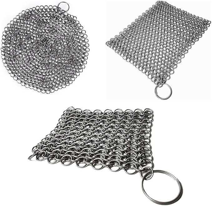 Mythrojan Cast Iron Scrubber 3 Pack Skillet Cleaner 316L Stainless Steel Chainmail Scrubber Scraper for Cast Iron Pre-Seasoned Pans, BBQ Grills, Pot Cookware Cleaning