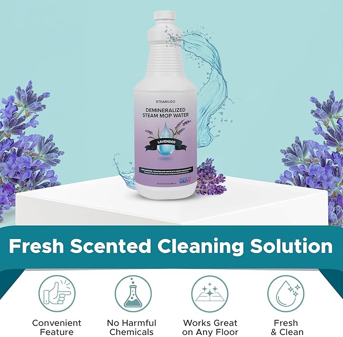 Steam & Go Demineralized Water for Steam Cleaner - PVC-Free Floor Cleaning Solution Compatible for All Steam Mops - Multi-Surface Cleaner for Home Surfaces - Lavender Scent, 32 oz (Pack of 18)