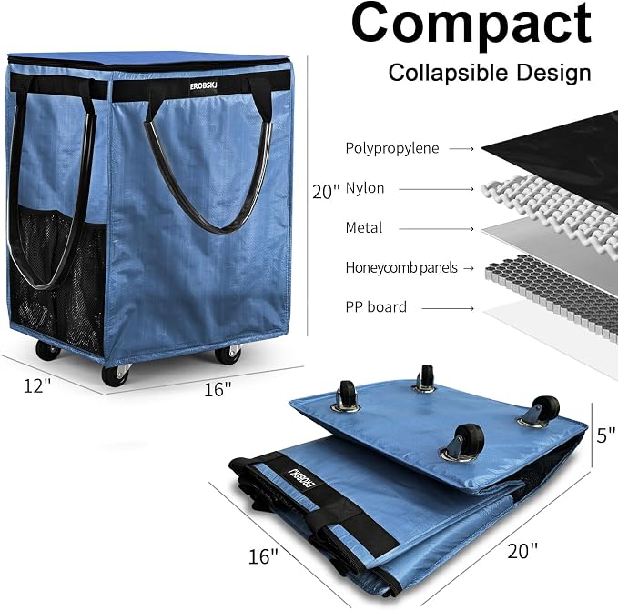 (Medium,Blue) Reusable Grocery Bag on Wheels, 70L Foldable Rolling Tote, Extra Storage for Shopping, Laundry & Moving, Zipper Clouser Shopping Carts for Camping, Moving, 4 Heavy Duty Wheels