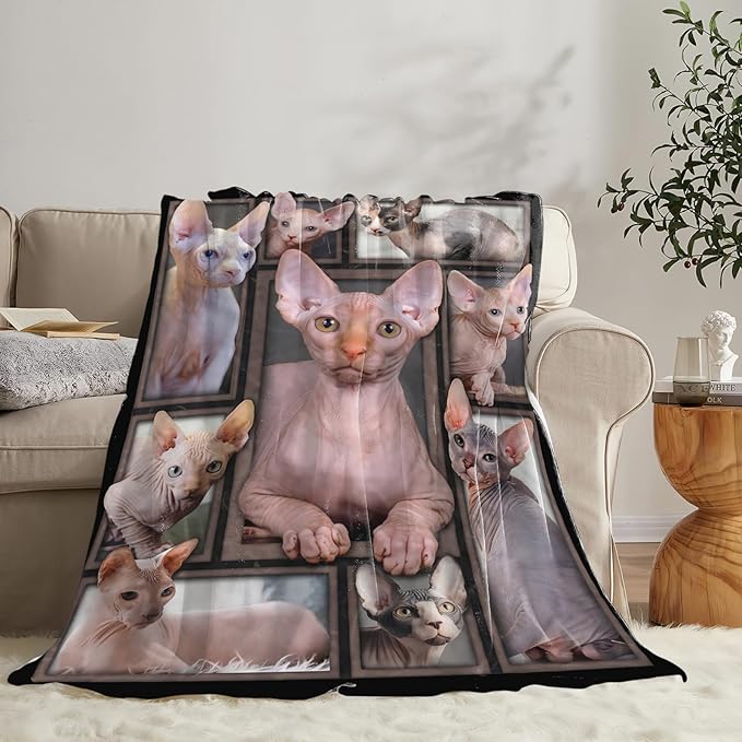 Tijuboni Sphynx Cat Throw Blanket Cat Gifts for Girls Boys Women Men Kids Adults Soft Flannel Fleece Blanket for Couch Sofa Bed Home Decor 60"x80"