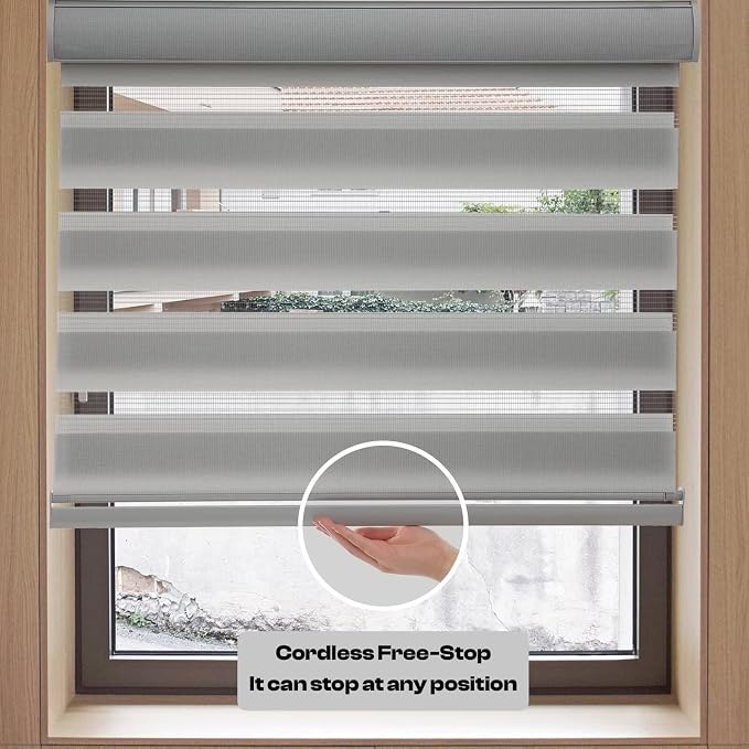 MYshade Roller Shades Zebra Blinds for Indoor Windows Cordless Day and Night Light Filtering Dual Layer Roller Window Blinds & Shades, Easy to Install, Size 24" W x 72" H, Grey