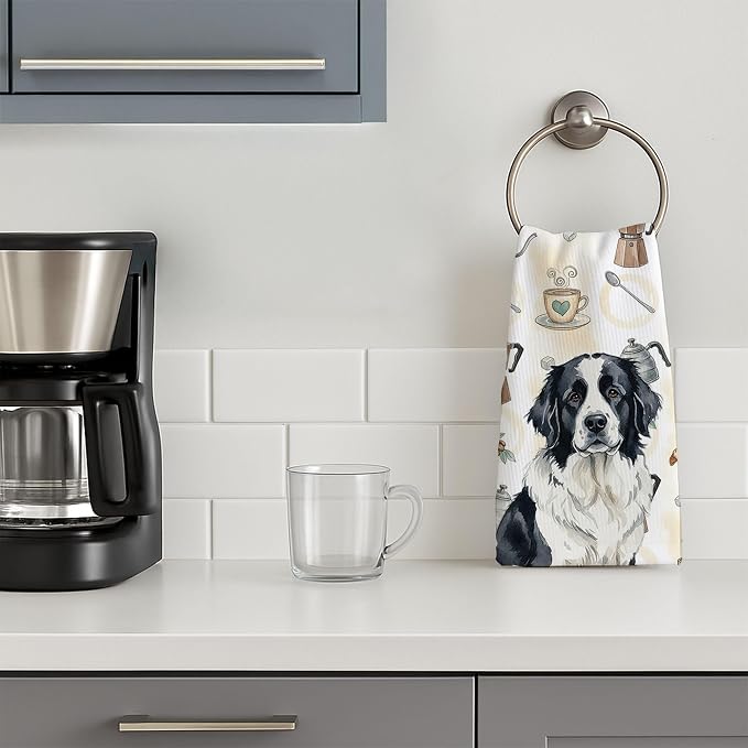 Caroline's Treasures Landseer Newfoundland Coffee Bar Kitchen Towel Velour Plush Front and Cotton Loop Back Machine Washable