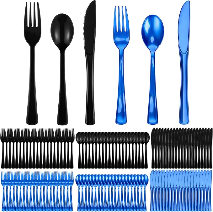 Minatee 180 Pcs Black and Blue Graduation Plastic Silverware Heavy Duty Cutlery Sets Disposable Utensils for Holiday Birthday Themed Party Supplies, 60 of Each Forks Knives Spoons