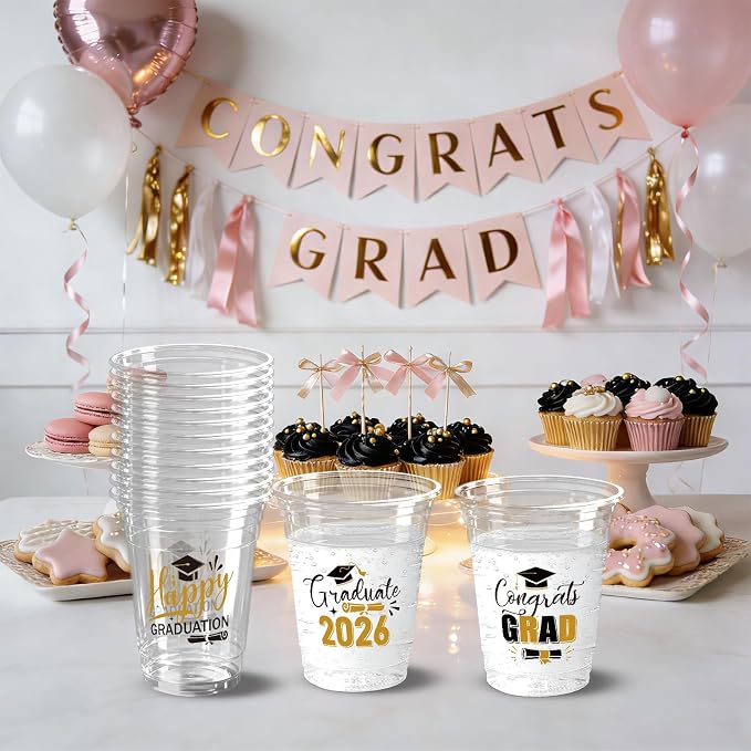 100 Pack Graduation Plastic Cups 12 oz Gold Disposable Class of 2026 Decorations Graduation Party Favor Drinking Beverage Cup for Party Supplies Decorations