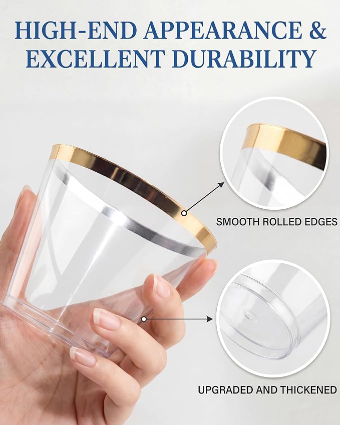 Nervure 240PCS Gold Plastic Cups - 9Oz Gold Rimmed Plastic Cups - Heavy Duty Disposable Clear Cup with Gold Rim Perfect for Weddings, Receptions & Parties