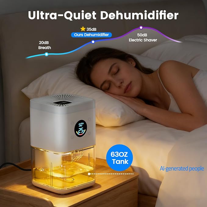 Small Dehumidifier for Bathroom – 63oz 35dB Quiet Auto Dehumidify (60/70%) & Continuous Mode for Bedroom Basement Closet RV, Auto Defrost & Auto Shut-Off, 7-Color Flowing Night Light & Timer.