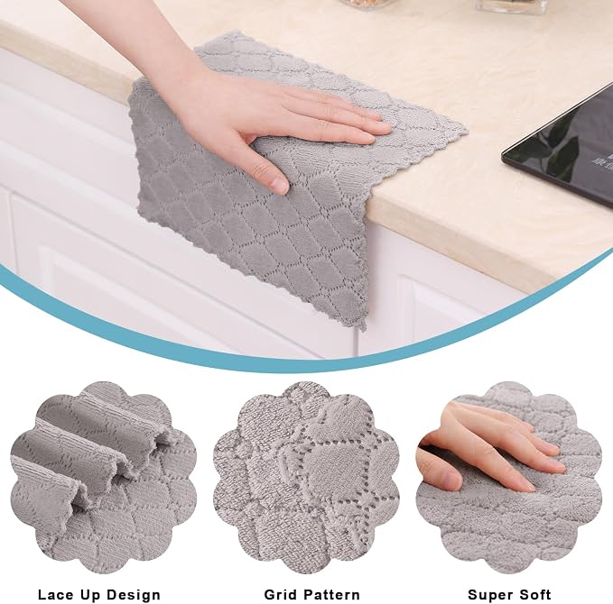 Homaxy Kitchen Towels and Dishcloths Set, 12 x 12 and 13 x 28 Inches, Checkered Designed and 12 Pack Kitchen Dish Cloths (10 x 10 Inches, Grey)