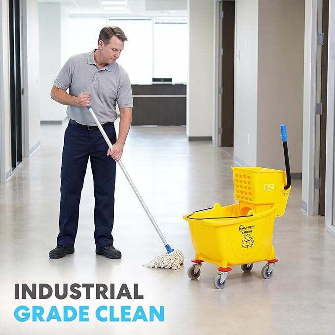 Simpli-Magic Commercial Mop Bucket with Side Press Wringer, 26 Quart – 50,000 Cycles Wringer – Industrial Mop Bucket with Wheels, Yellow