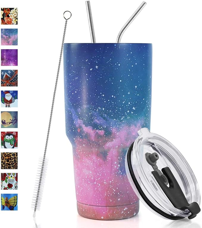 SYACOT 30oz Tumbler Double Wall Stainless Steel Vacuum Insulated Travel Mug with Splash-Proof Lid Metal Straw and Brush (Sky)